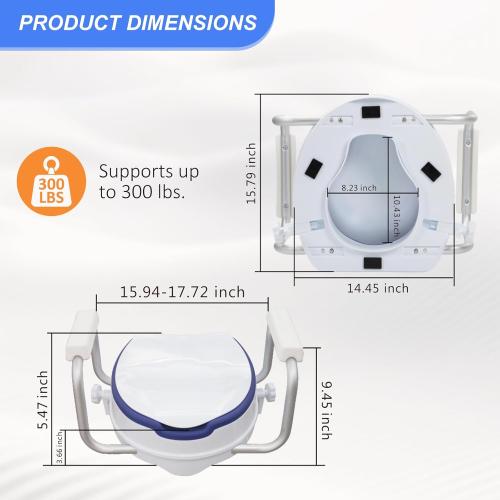 Raised Toilet Seat with Handles, Add 5 inch, Fits Round Toilet | With Cushioned|300 lbs|Includes lid|Adjustable Width|Blue color|for bathroom use