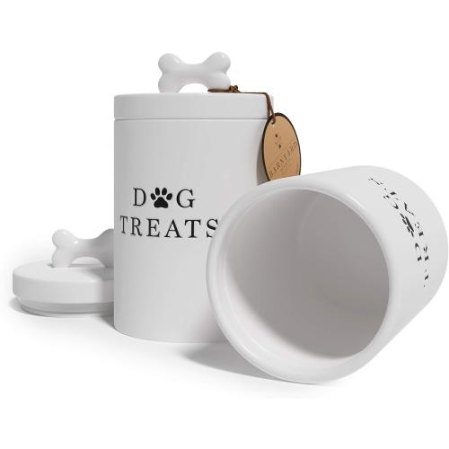 Barnyard Designs Large Dog Treat Container Airtight with Lid, Cute Rustic Ceramic Dog Treat Storage Jar for Kitchen Counter (White)