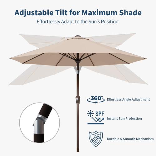 9FT Patio Umbrella with Fiberglass Ribs, Outdoor Market Table Umbrella with Crank and Tilt, UV Resistant Waterproof Canopy for Patio, Garden, Deck, Pool, Beige
