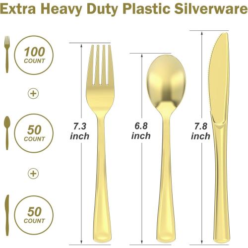 200 Count Heavy Duty Gold Plastic Silverware, 100 Forks, 50 Spoons, 50 Knives, BPA-Free, Heat Resistant, Disposable Plastic Utensils Set Cutlery Set, Plasticware Bulk