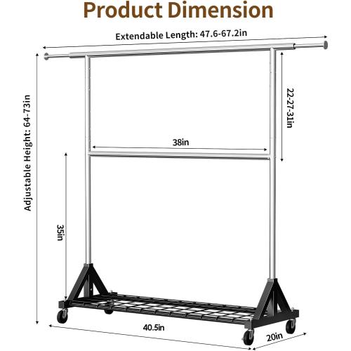 Luxspire Heavy Duty Clothes Rack Load 600 LBS, Double Rod Clothing Rack, Rolling Garment Racks with Lockable Wheels, Shelves, Adjustable Laundry Hanging Racks for Clothes