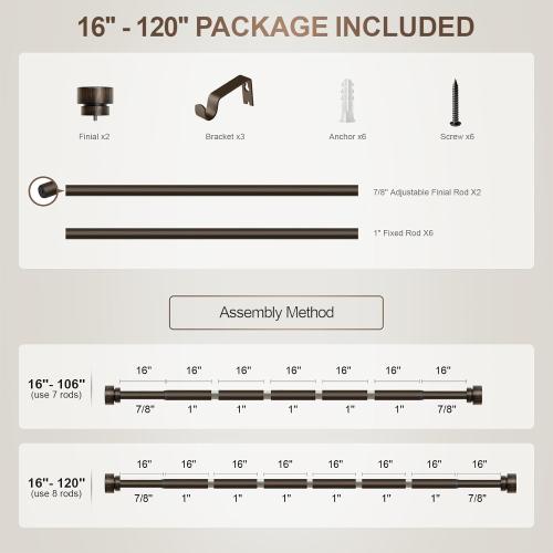 Lootkell Modern Antique Brown Bronze Curtain Rods for Windows 66 to 120 Inches Adjustable Heavy Duty 1 Diameter Window Rod with Decorative Finials for Outdoor Farmhouse Bedroom Kitchen Living Room