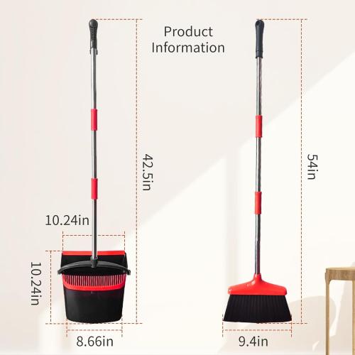 Broom with Dustpan Combo Set 54 Long Handle Adjustable Length Stainless Steel Broomstick Standing Dust Pan and Broom Set for Office Home Kitchen Lobby Floor Cleaning (Red and Black)