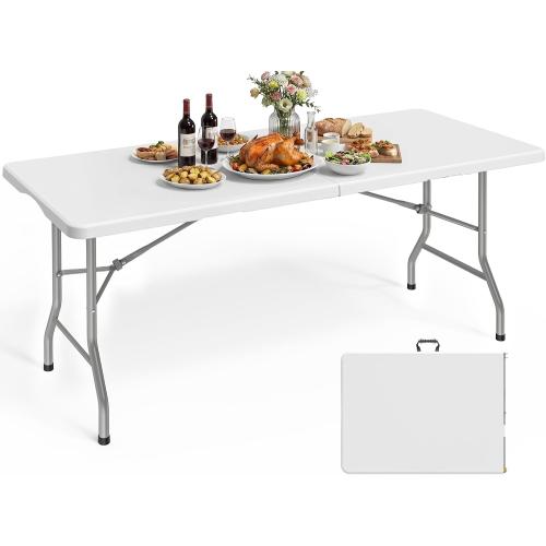 Pureegg 6FT Folding Table - No Assembly Required, Versatile Dining Table with Carrying Handle & Tabletop Safety Lock, Portable Foldable Table for Party, Craft, Camping, Picnic, White