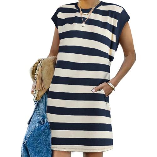 Size M AlvaQ Womens Striped Summer Dresses 2025 Crewneck Cap Sleeve Color Block Casual A Line Tshirt Dress with Pockets