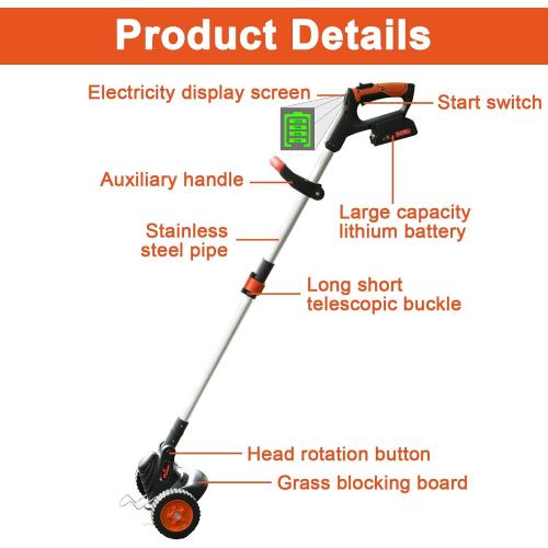 Weed Wacker Eater Cordless Battery Powered Electric Edger Lawn Tool Trimmer String Cordless Whacker Operated Grass Edger Cutter Black-Orange *2 Battery