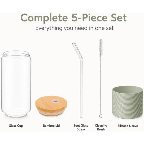 Glass Cup with Lid and Straw, Iced Coffee Cup with Bamboo Lid, 16 oz Reusable Glass Tumbler with Sage Avocado Green Silicone Sleeve for Matcha Latte, Cold Brew and Milk Tea