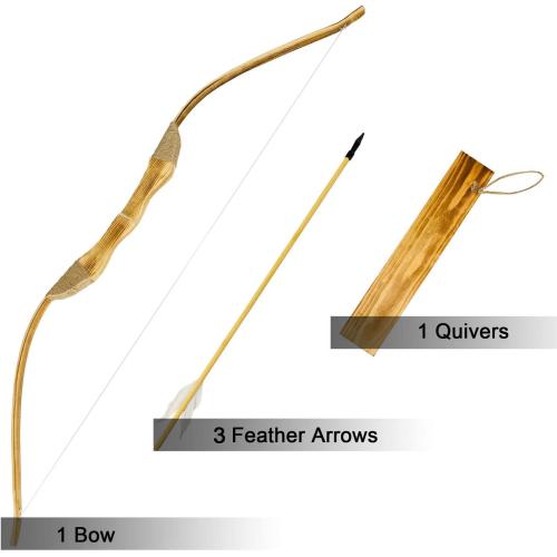 Youth Wooden Bow and Arrow Set, 40 Inch Handmade Wooden Bow and Arrow Cosplay Costume Prop Archery Set Games Toys, 1 Bows 1 Quivers and 3 Feather Arrows, Gifts for Kids Youth Boys and Girl