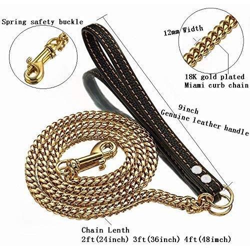 Strong Dog Chain Gold Leash Long 3FT 4FT 5FT 18K Stainless Steel 12mm Curb Cuban Link Dog Leash with Comfortable Genuine Leather Handle(Gold, 3FT)