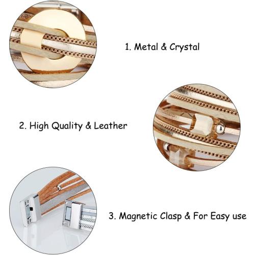 Fesciory Leather Wrap Bracelets for Women, Boho Leopard Multi-Layer Crystal Beads Cuff Bracelet Jewelry