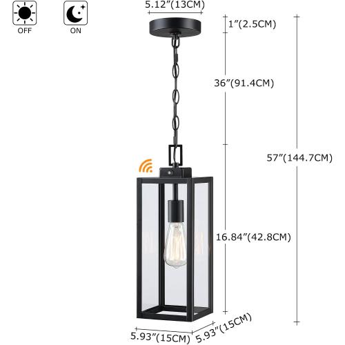 17 Inch Outdoor Pendant Light Dusk to Dawn, Sensor Hanging Light for Porch Entrance Lantern, Metal and Glass Photocell Exterior Hanging Lantern for Front Door Patio Pendant,E26