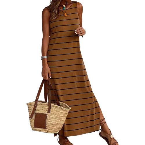 Size L AHAIJ Women's Striped Maxi Tank Dress Casual Summer Sleeveless Crewneck Split Beach Long Sun Dresses