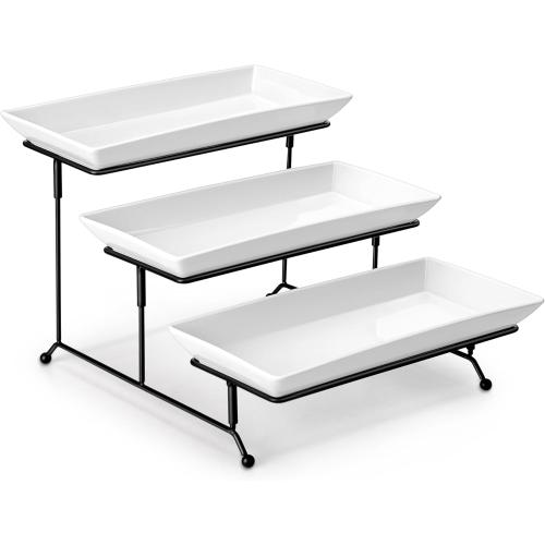 MALACASA 3 Tier Serving Trays for Party, Porcelain Serving Platters and Trays, 12 Inch Tiered Tray Stand, Fruit Tray, Trays for Serving Food, White Dessert Stand with Collapsible Sturdier Metal Rack