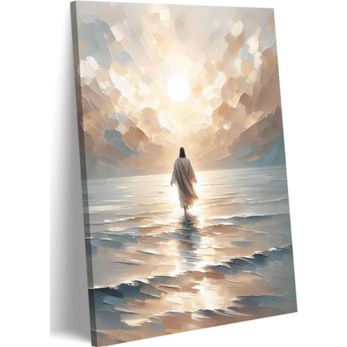 Jesus Walking on Water Canvas Wall Art Christian Bible Stories Wall Decor Pictures Modern Religious Posters Prints for Living Room Bedroom Church Home Decorations 16inx24in Ready to Hang