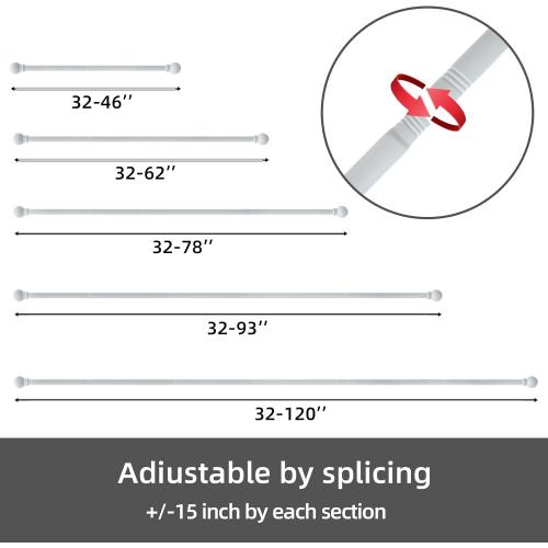 2 Pack White Curtain Rods for windows 32 to 48 inch, 5/8 inch Splicing Heavy Duty Metal Curtain Rod Set with Brackets
