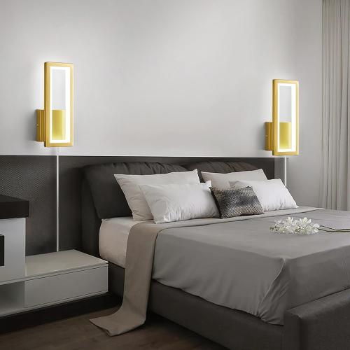 Modern Gold Plug in Wall sconces 18W Indoor LED Simple Wall Fixture 6000K Rectangle Vanity Wall Lights for Living Room Bedroom Hallway Stairs(1Pack)