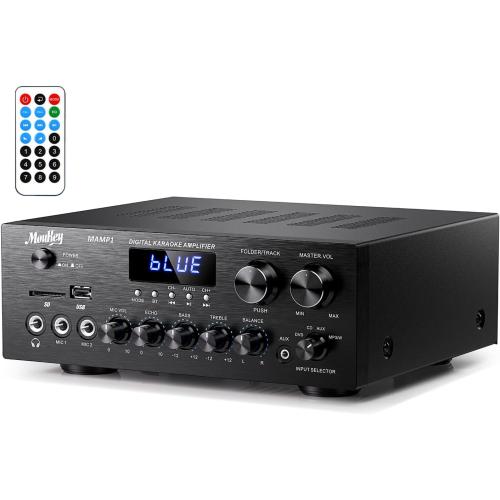 Moukey Stereo Receivers with Bluetooth 5.0, 2.0 Channel Power Audio Amplifier Stereo System w/USB, SD, AUX, RCA, MIC in w/Echo, LED for Karaoke, Home Theater Speakers, 400W Peak, 25W× 2 RMS- MAMP1