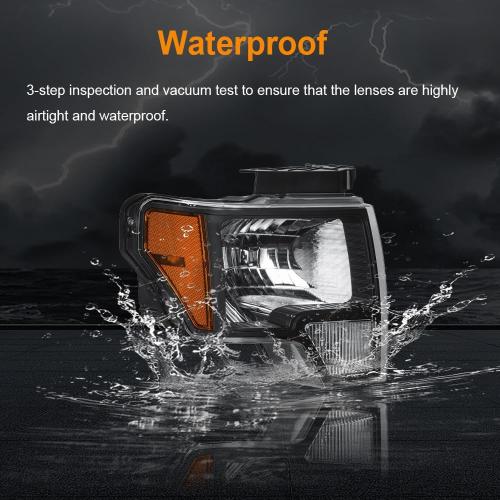Headlight Assembly, Headlights Kit Compatible with 2009-2014 Ford F150 Replacement Headlamp Black Housing Amber Reflector