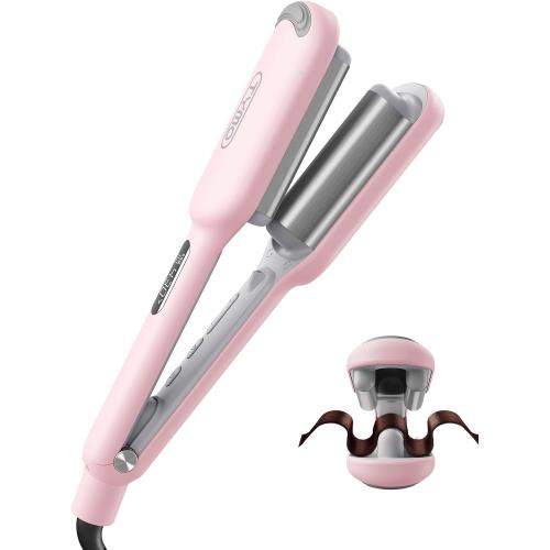 Curling Iron Hair Crimper Waver - TYMO ROVY Beach Waves Curling Wand, Ionic Deep Waver Hair Curler Tool with Ceramic 3 Barrel for Women, Dual Voltage, Anti-Scald, Easy to Use, Pink, 1 Inch