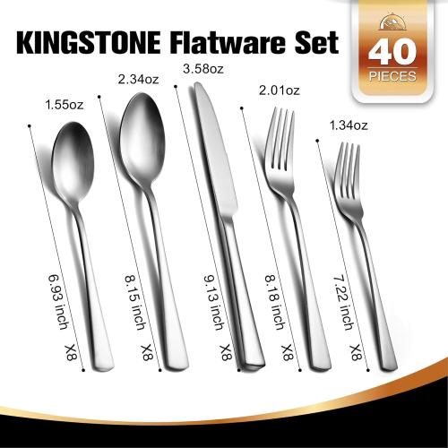 KINGSTONE Silverware  18/10 Stainless Steel Flatware Set,Forged Cutlery Set Matte Satin Finish, Dishwasher Safe