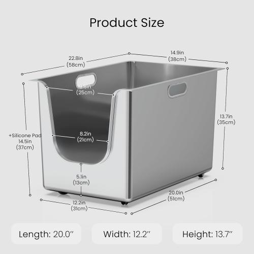 Stainless Steel Litter Box 13.7'' High Sides, XL Metal Cat Litter Box with Curved Low Entry, Cat Litter Pan for Big & Multiple Cats, Pet Toliet with Handy Wheels for Easy Moving