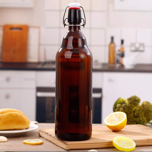 Glass Bottles, Refillable Brown Glass Storage Bottle with Swing Top Lids, Amber Iron Clasp Bottles with Stickers&Pen for Home Brewing, Drinks, Sauces, Industrial products, etc (1000ML, 8 PCS)