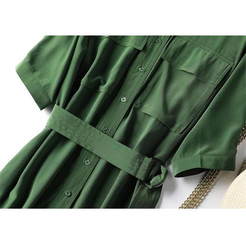 Size M ....100% Silk Dress Women's Solid Color Lapel Short Sleeve Single Breasted Fashion Dress
