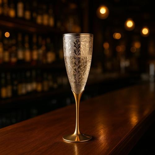 Pure Brass Silver Coated Champagne Glass Set of 2 - Encarved Goblet Champagne Flutes Glasses Comes with Valvet Blue Gift Box - Ideal for Wine Baverage Juice & More 100ml