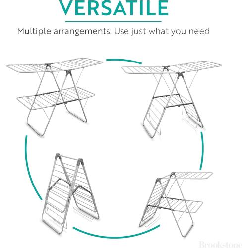 Brookstone 2 Tier Folding Rack - Indoor/Outdoor Collapsible Clothes Dryer Stand Laundry or Shoe Rack, Heavy Duty Freestanding Garment Hanger, Foldable, Clothing Drying Rack, White