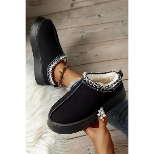 Black Contrast Print Suede Plush Lined Snow Boots for Winter