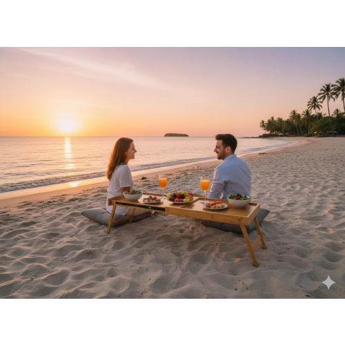 Breakfast Bed Table Tray for Two - One Piece, Dual Use Couple Bed Tray with Cup recesses - Food Trays for Eating on Couch, Space Saving Breakfast Table - Gift Ready - Acacia Wood