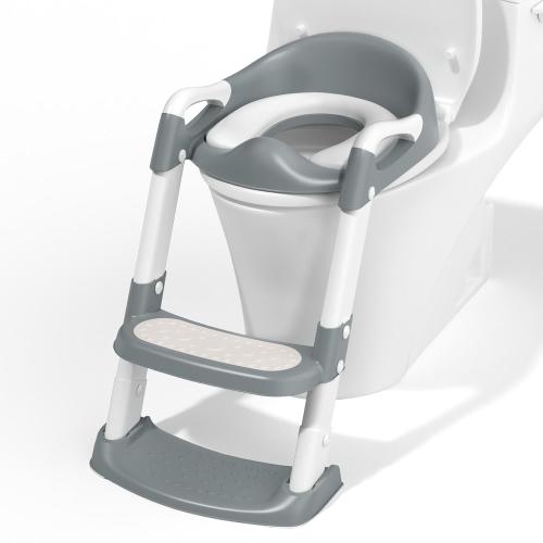 COOSEYA Potty Training Toilet with Step Stool Ladder, Toddler Kids Potty Training Seat for Boys Girls, Foldable Non-Slip Toilet Toddler Seat Splash Guard Soft Cushion Safety Handles (Grey)