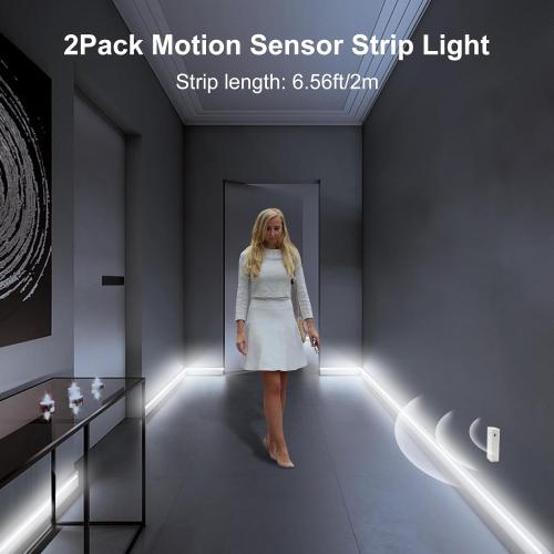 DBFAIRY 2 Pack COB Motion Sensor Strip Light Battery Operated, 6.6Ft 640 LED Cabinet Strip Lights High Bright with Sensor Lighting Mode for Wardrobe Stair Pantry Counter Cabinet Bed,6000K White