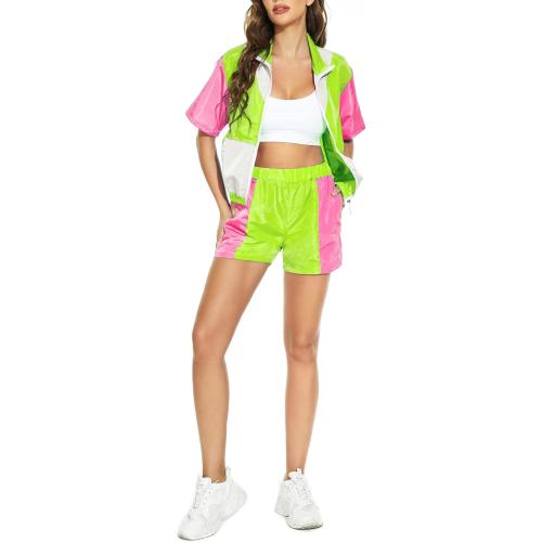 Size XL Yisfri Women's Color Block Windbreaker 2 Piece Outfits Short Sleeve Zip Front Elastic Waist Tracksuit Set