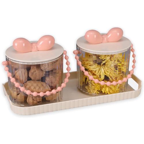 Candy Dish with Lid and Tray, Cylindrical Clear Candy Jar with Handle, Durable Plastic Storage for Cookies, Nuts, Jewelry, and Decorative Use (Pink)