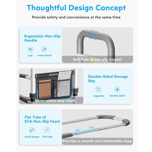 White and Grey Bed Rails Elderly Adults Safety: Side Assist Grab Bar Handrails for Seniors with Motion Sensor LED Light Pouch - Adjustable Bed Cane Portable Handle Bedside Railing - Fits Twin Full Queen King Grey