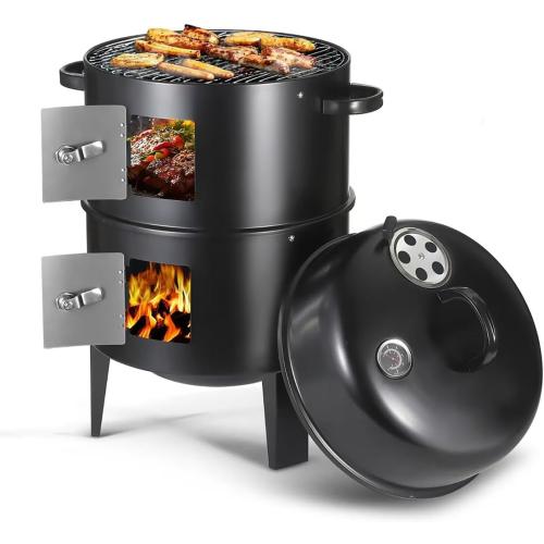 16.5 Inch Charcoal Smoker Grill with Thermometers and Air Vent, Multi-Layer Meat 3-in-1 Portable Vertical Smoker with 2 Access Doors Grill Smoker Black (16.5Inch)