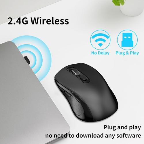 Wireless Mouse Ergonomic, Side Buttons Mouse, 2400 DPI, Silent and Anti Slip Roller Cordless Mice, 2.4Ghz with USB Receiver, 6 Buttons, Suitable for Laptop PC Chromebook and Windows 11/10/7 - Black