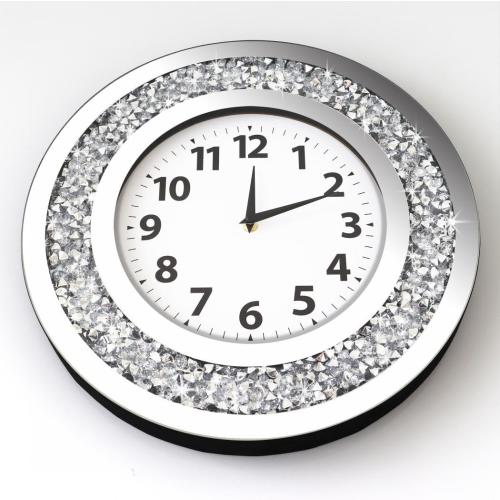 Size 16x16x12  Crystal Crushed Diamond Mirrored Round Wall Clock 16x16x2 inches for Wall Decoration Silver Glass Mirror Clock Sparkle Twinkle Bling Home Decor. AA Battery is not Included.