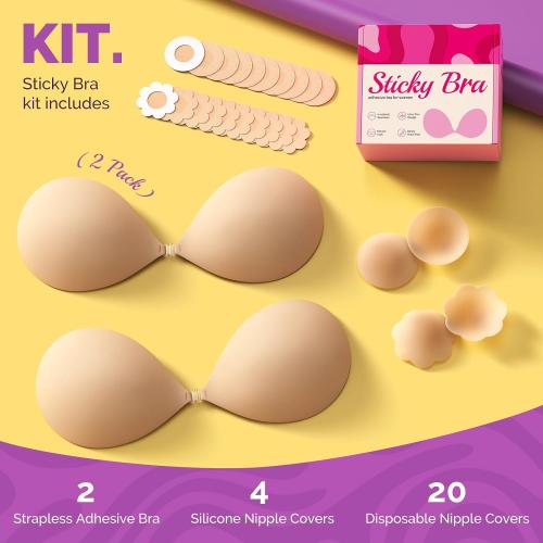 Invisible Sticky Bra Push Up, 2-Pack Adhesive Bra for Backless Dress, Silicone, Exotic Lingerie Accessories (D Cup, Beige, 2PCS)