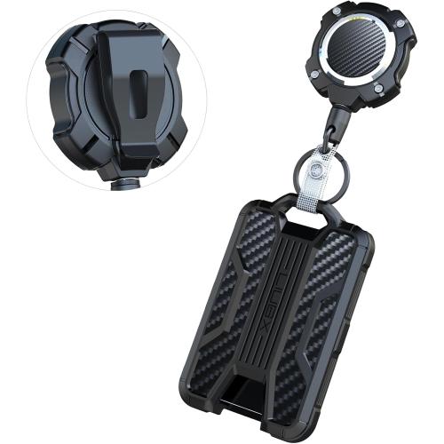 LIUGX Retractable Badge Holder with Belt Clip, Heavy Duty Carabiner Keychain,Durable ID Card Holder (Holds 4 Cards), Carbon Fiber-Texture, with 31.5”Badge Reel Key Chain, 10,000  Rebound, Silver-Black