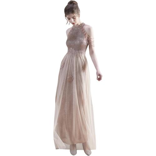 Size M Women Elegant Sequins Cocktail Dress Prom Ball Evening Gowns for Women Halter Wedding Dress Beaded Sleeve Mesh A Line Dresses