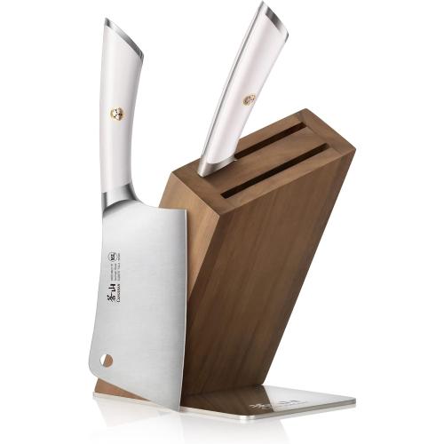Cangshan ELBERT Series 3-Piece German Steel Forged Cleaver Knife Block Set, White, Full Tang Knife Set with Acacia Wood Block