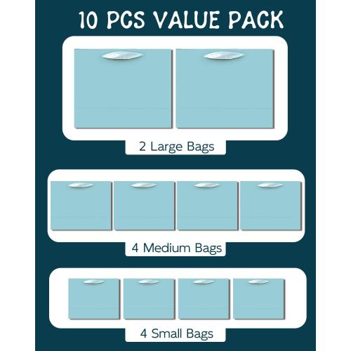 qiqee 10PCS Lake Blue Gift Bags with Ribbon Handles Mulit Assorted Sizes Gift Wide Bags (2pcs Large 13, 4pcs Medium 9.6, 4pcs Small 6.3,Tissue Paper)