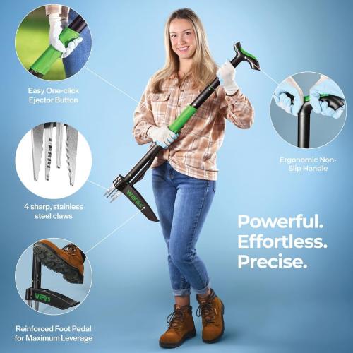 Weed Puller Tool with Long Adjustable Handle (36, 40, & 45), Quick-Release Weed Ejector Mechanism, Lightweight Aluminum Stand-Up Heavy Duty Weed Remover, 4-Claw Head & Foot Pedal for Easy Weeding