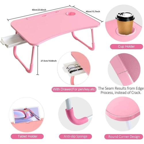 Laptop Desk Foldable Bed Table, Portable Lap Desk Laptop Bed Tray Table with Storage Drawer and Cup Holder, Lap TraysTables Notebook Stand Reading Desks Breakfast Tray for Beds Couch Sofa Floor – Pink