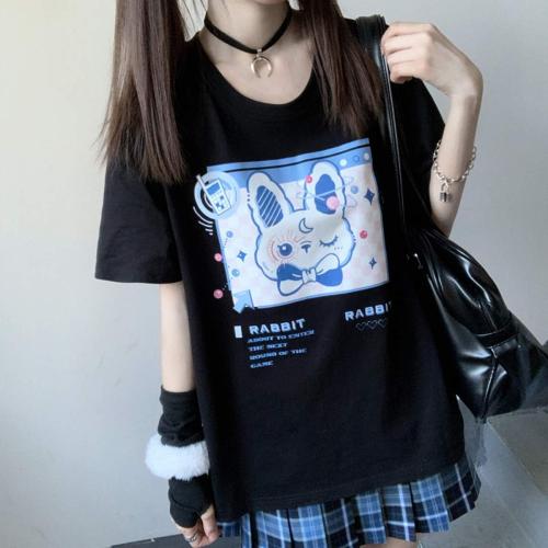 Size 3XL Color Black Japanese Harajuku Pastel Goth Cute Aesthetic Casual Cotton Crewneck Kawaii Cartoon Bunny T-Shirt
