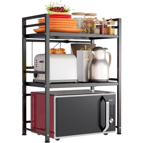 DOLALIKE Expandable Microwave Rack, Countertop Kitchen Utensils Tableware Storage, Carbon Steel 3 Tier Shelf with 3 Hooks
