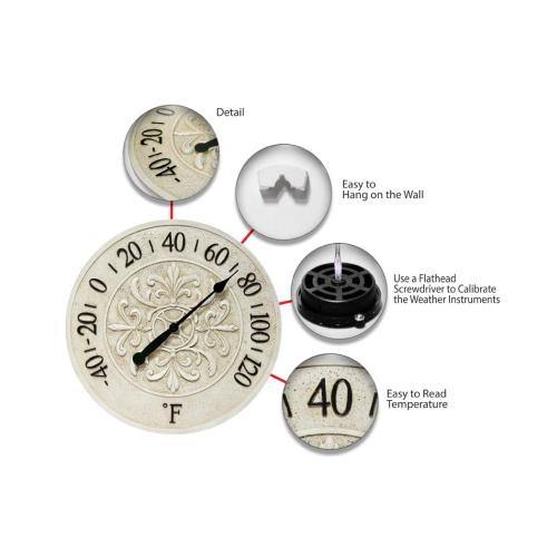 Blanc Fleur 15 inch Decorative Outdoor Thermometer for Garage, Patio, Backyard, Outdoor Wall, Fence Outdoor Thermometer Decorative Patio Thermometer Vintage Antique Aged White Ivory Easy to Read