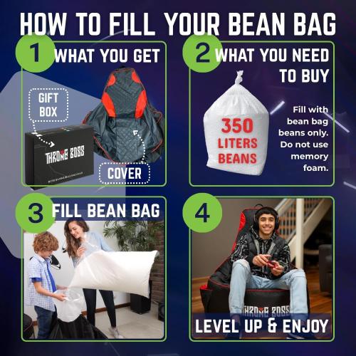 Throne Boss Gaming Bean Bag Chair Cover for Adults with High Back, Green – Large Floor Gaming Chair Cover, Easy to Clean Fabric, Large Pockets, Headphone Hanger, Requires 350 Liters Polystyrene Beans
